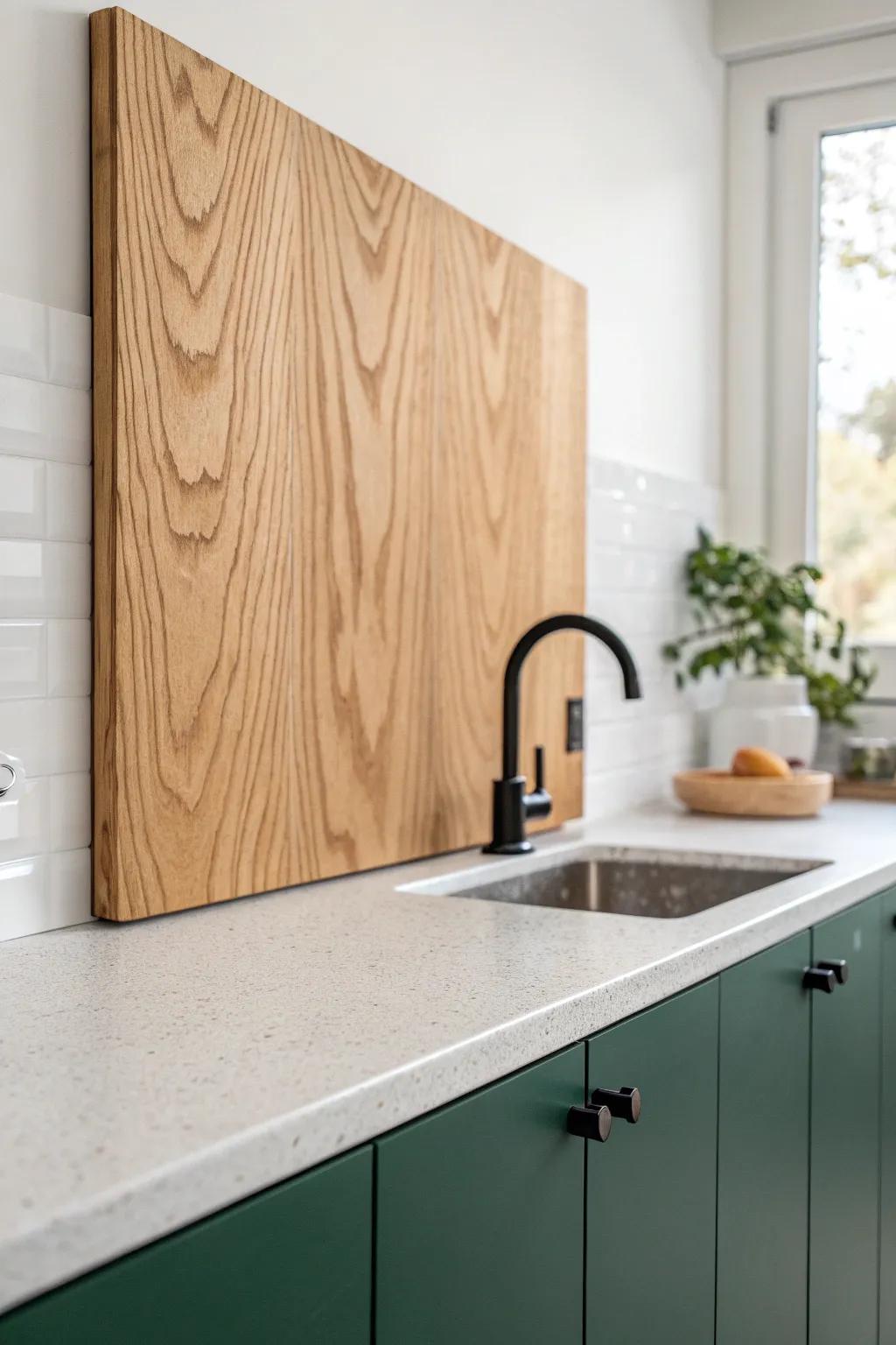 Warm sealed plywood backsplash panels—minimal, practical, and beautifully crafted for cozy nooks.