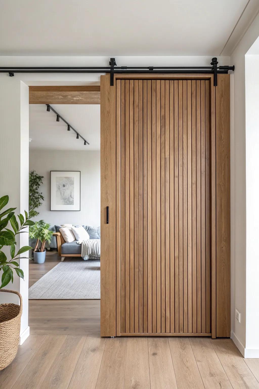 A sleek oak overhead rolling divider—pocket-door function without wall space or swing clearance.