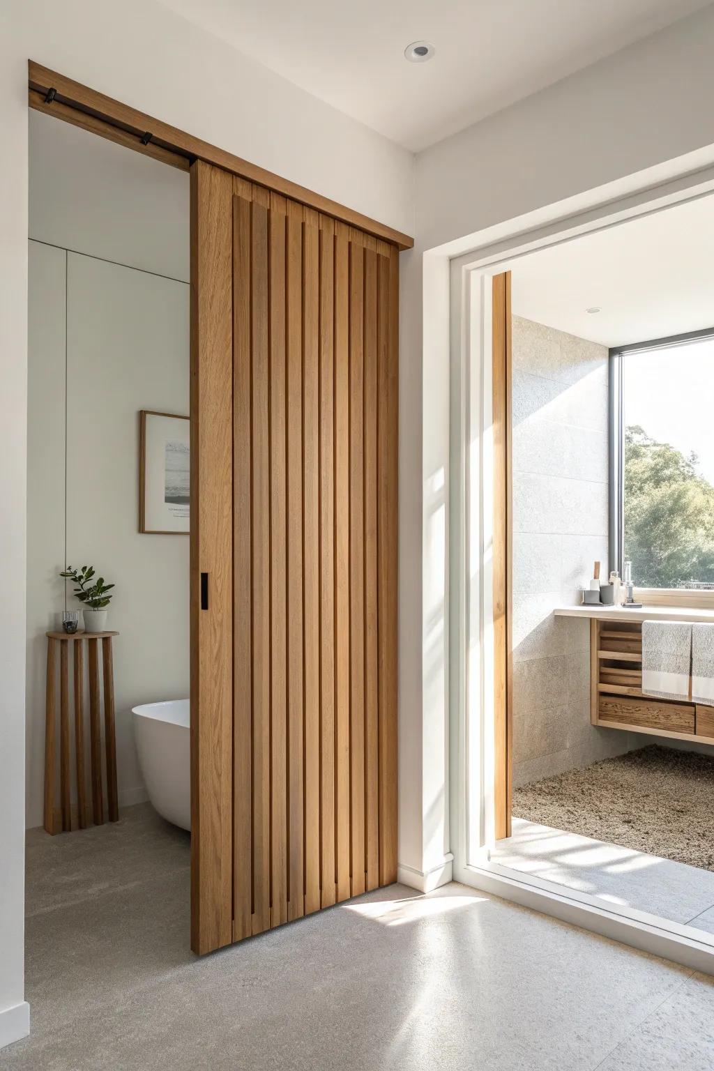 Vertical oak slat pocket door—clean lines, warm grain, and dramatic light-made shadows.