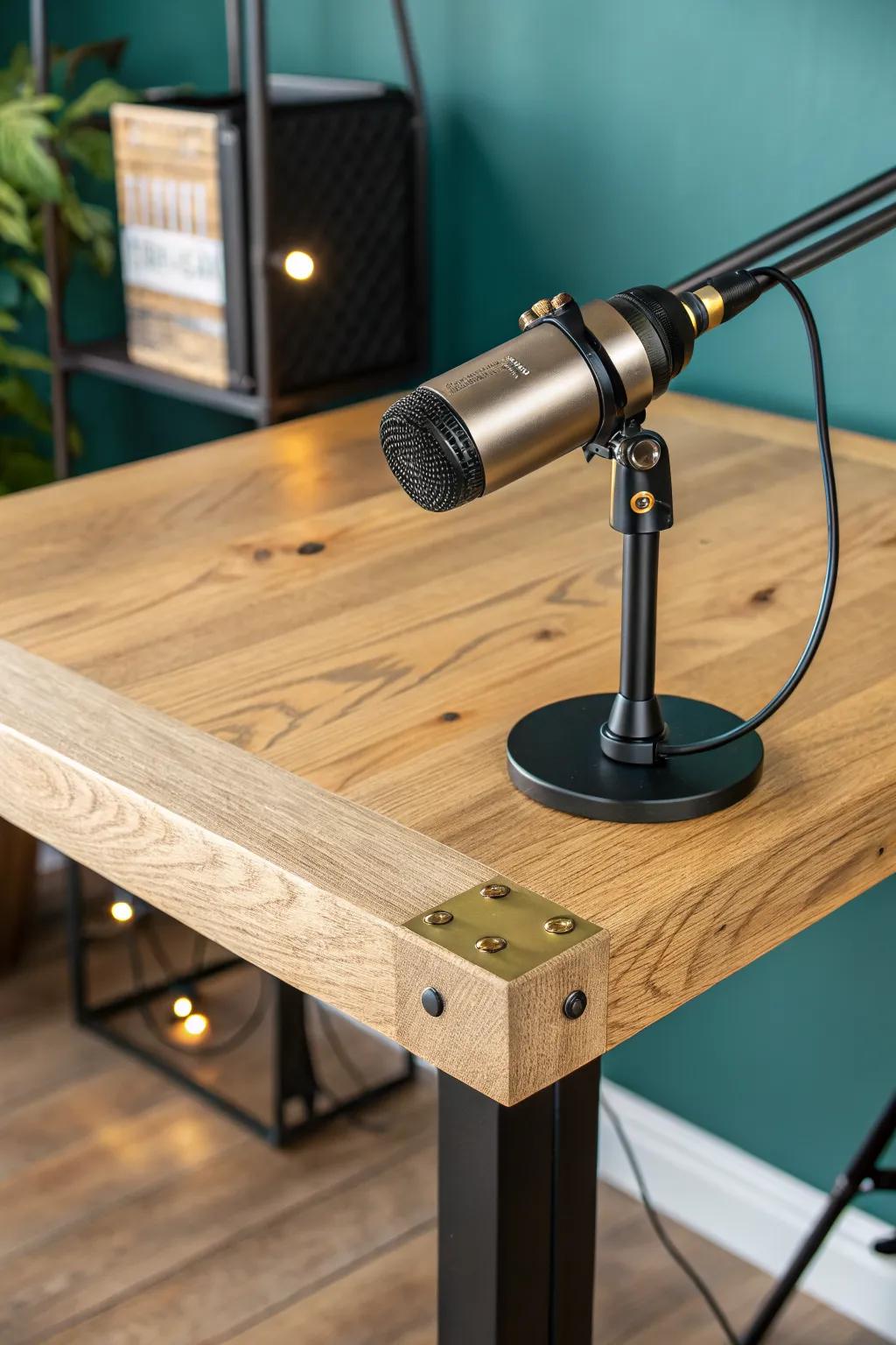 Through-bolt mic mount plates keep boom arms rock-solid—no clamps, no chewed table edges.