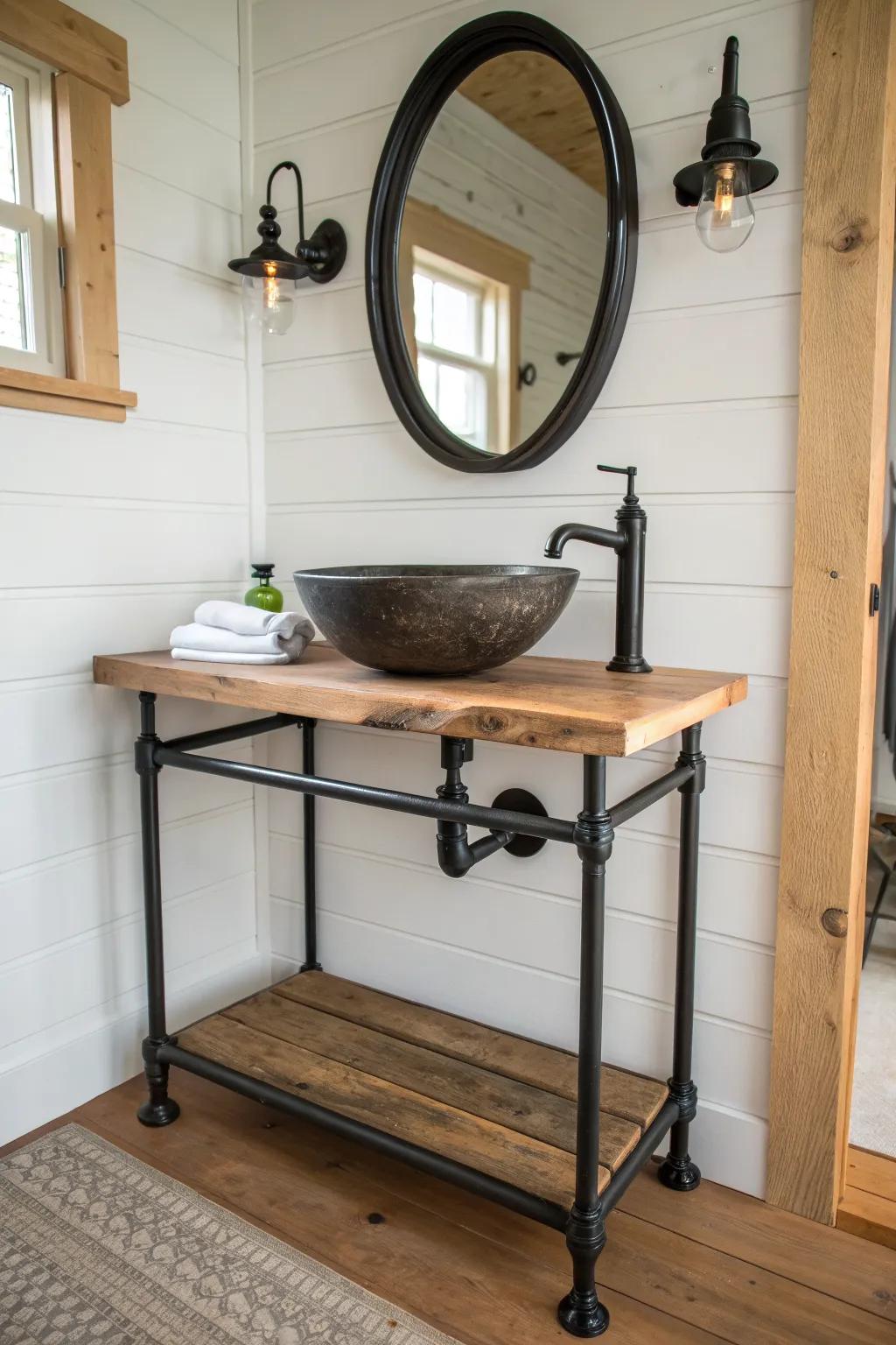Vintage bicycle-frame vanity with a thick oak top—pole barn bathroom wow-factor in bold contrast.