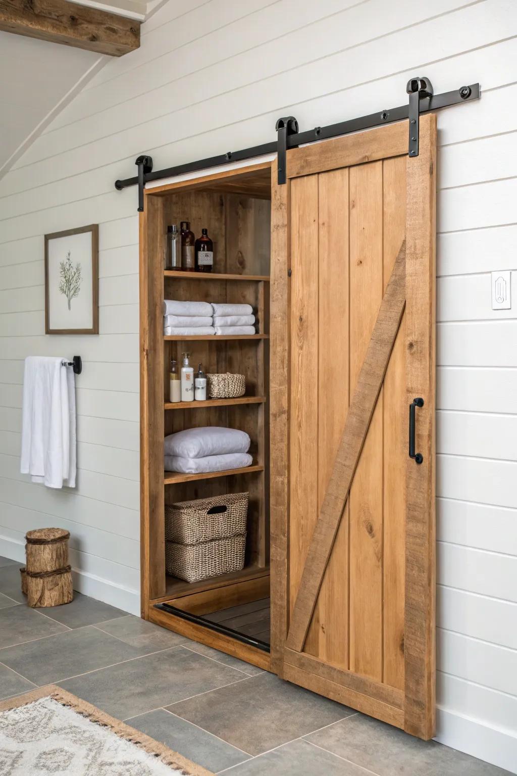 Reclaimed-wood barn-door cabinet: the prettiest way to hide chalk, cleaners, and towels in your gym.