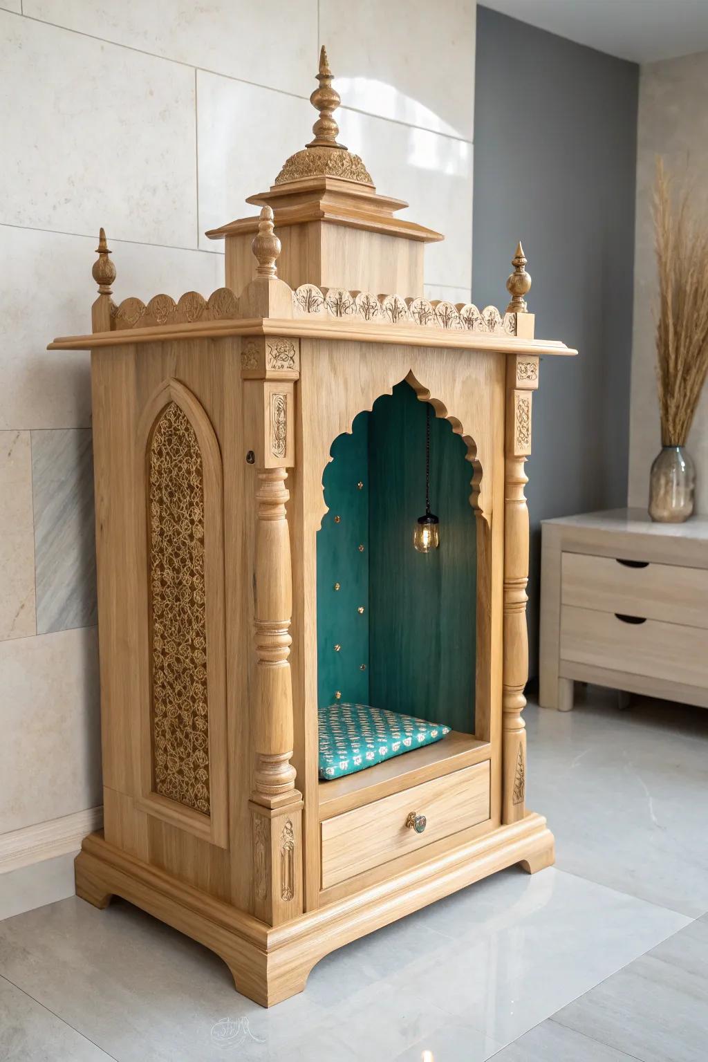 Minimal teak mandir with subtle resin inlay, softly backlit—calm glow, modern craft.