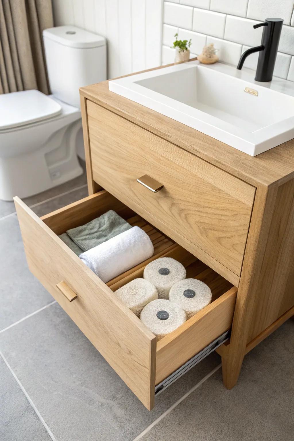 A hidden baseboard toe-kick drawer that stores extra rolls—minimal, chic, and genius.