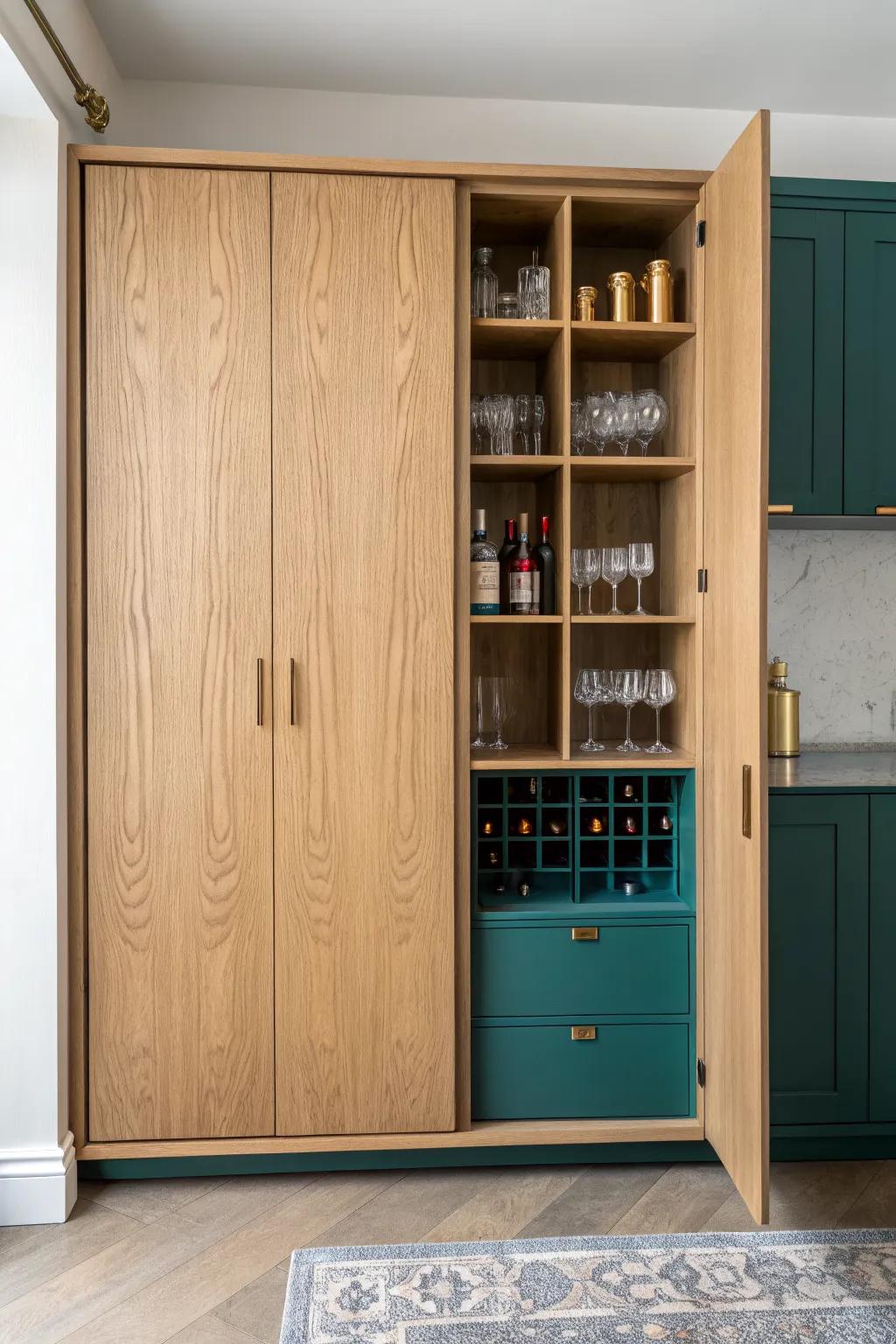 A hidden oak “back bar” that opens like a speakeasy—seamless paneling with a bold reveal.