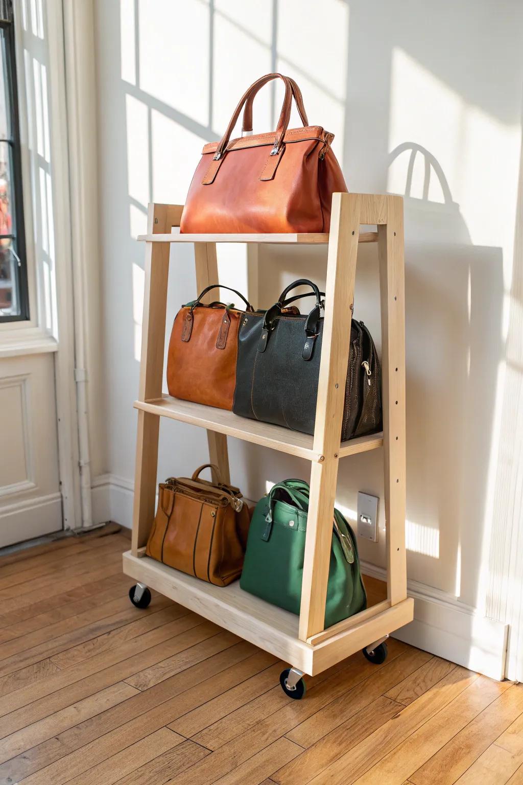 Handmade rolling purse shelf cart—minimal birch plywood, locking casters, bold bags, easy to move.