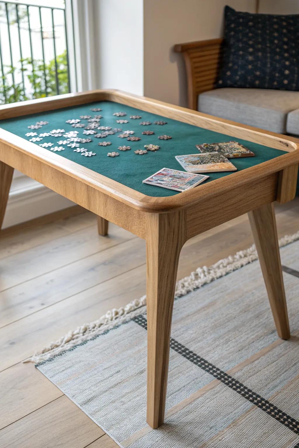 Roll it closed and your puzzle vanishes—sleek white-oak tambour table with a bold teal felt top.