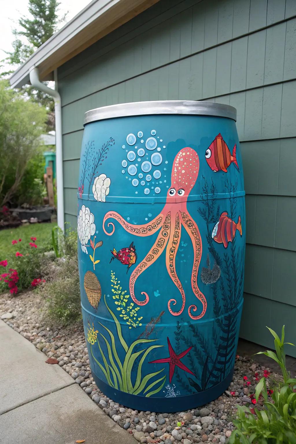 Dive into creativity with this stunning sea-themed rain barrel art!