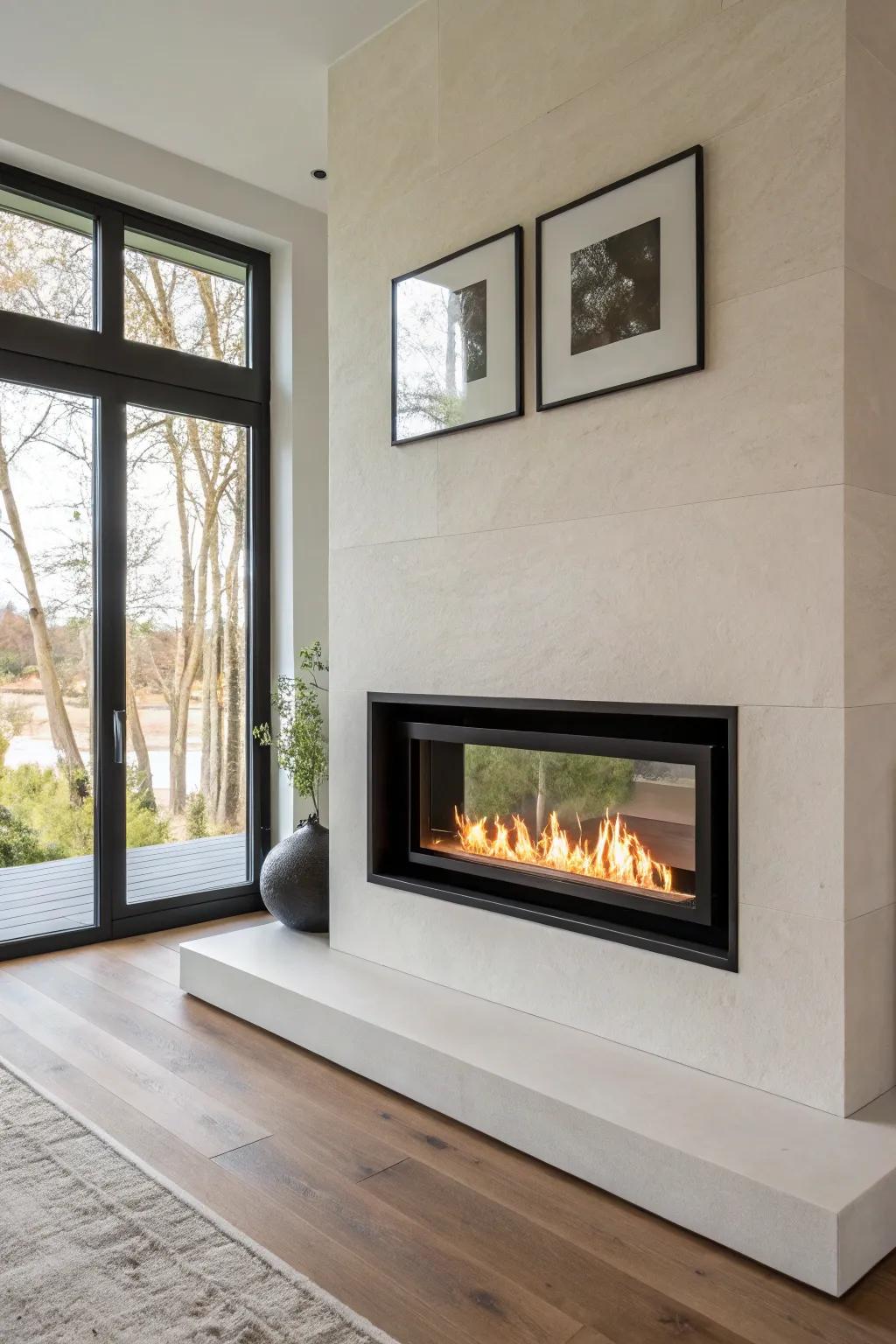 Floating firebox, zero hearth—mounted like wall art for a clean, modern raised fireplace.