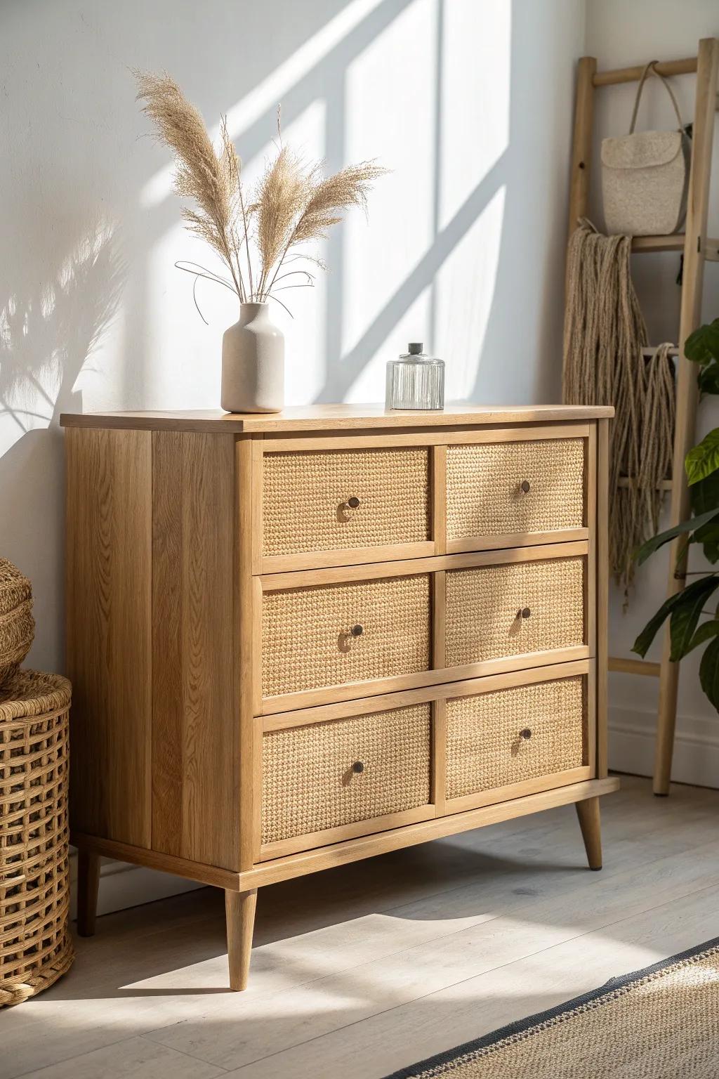 Upcycled dresser with rattan drawer fronts—light, airy texture with modern farmhouse charm.