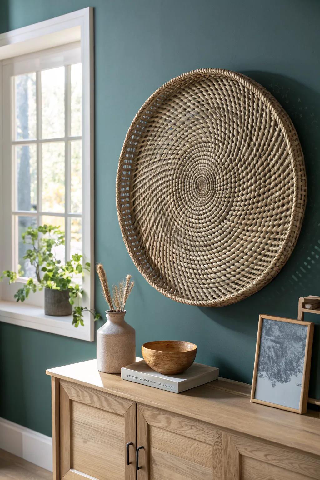 Single rattan tray wall art adds warm texture to a minimalist living room—cozy and chic.