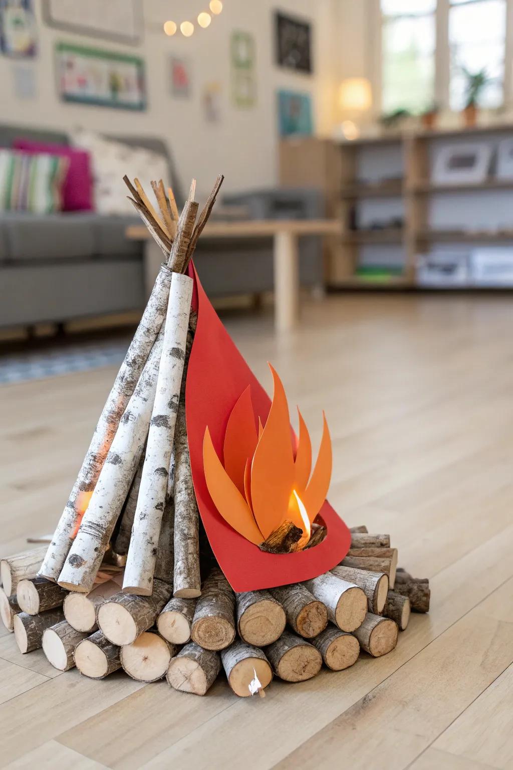 Cozy pallet-campfire centerpiece—rustic logs and bold paper flames for a classroom reading nook