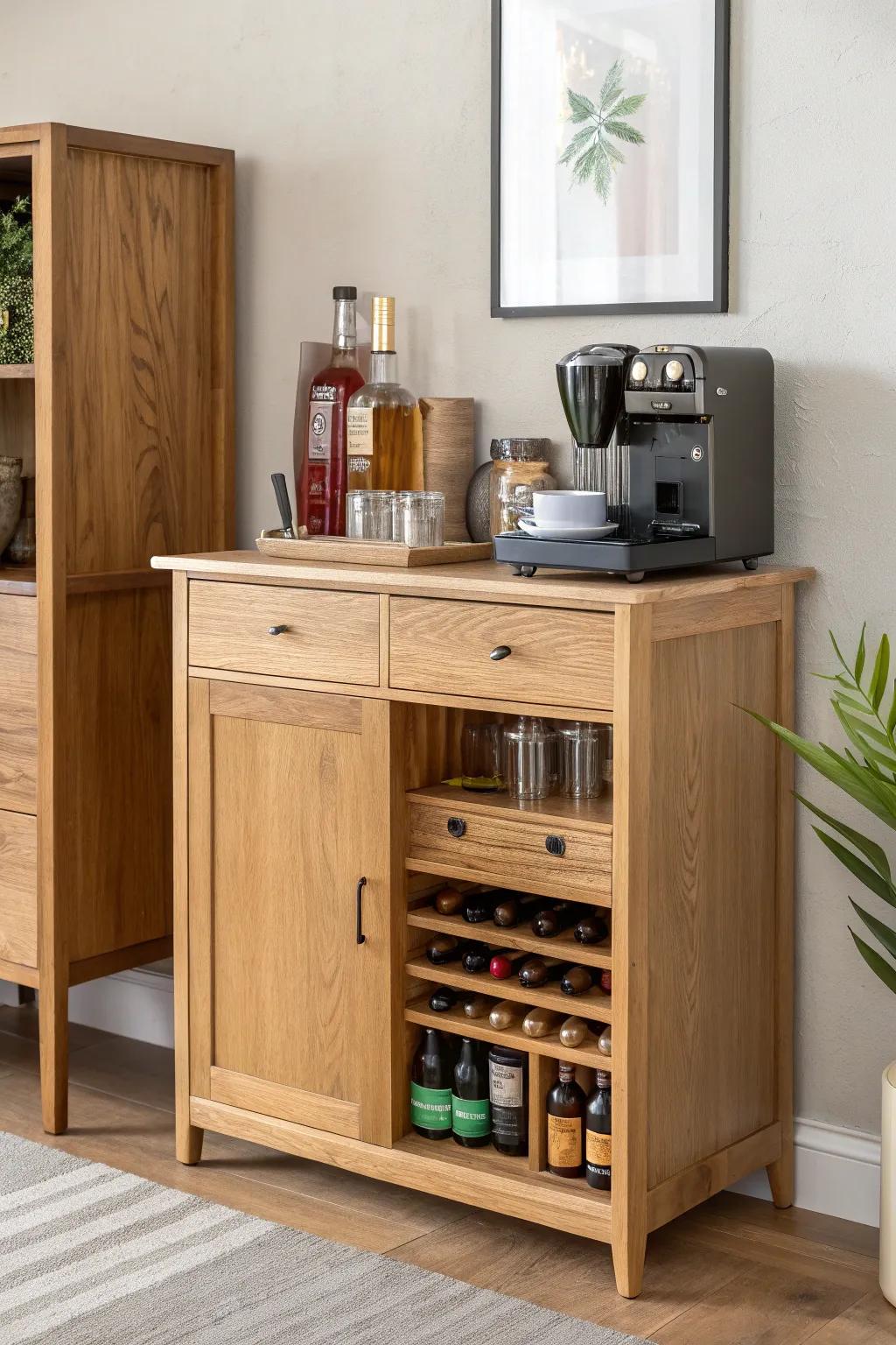 Coffee + mocktail combo bar: a tidy oak station with dividers for syrups, tea, and glassware.