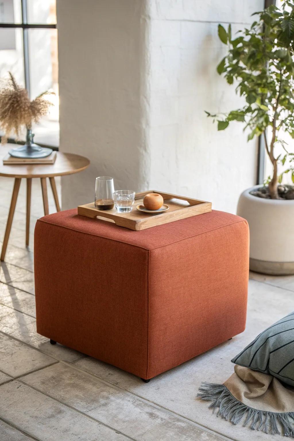 Rearrangeable ottoman cube with oak tray—minimal, bold, and ready for flexible waiting areas.