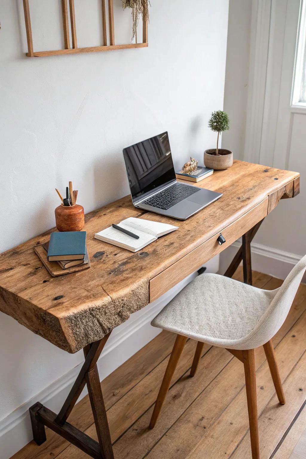 A slim reclaimed-wood wall desk nook—minimal, bold, and beautifully crafted for tiny spaces.