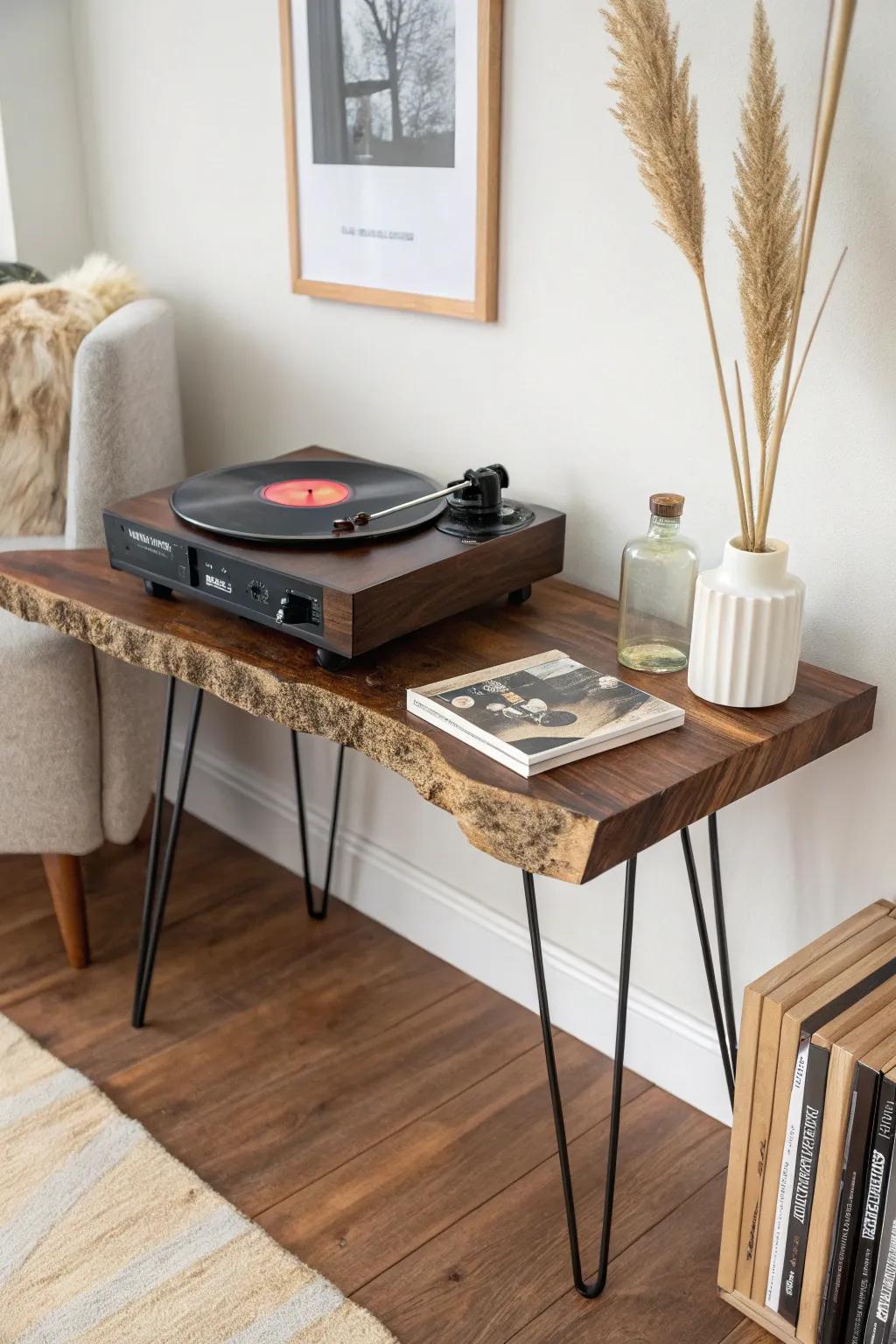 Live-edge walnut stand with a hidden vinyl shelf—matte finish, bold grain, clean lines.