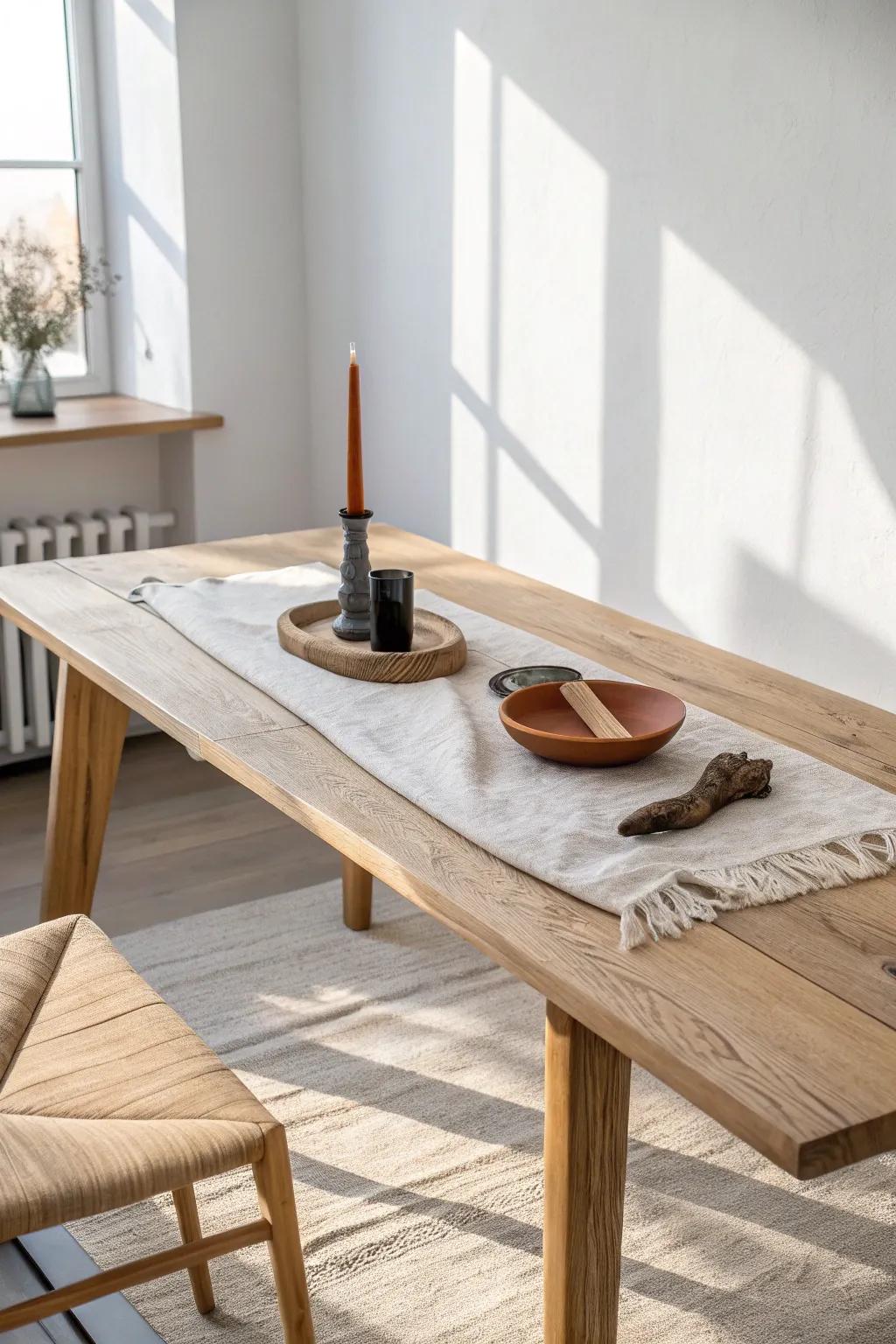Driftwood as a sculptural centerpiece—organic, minimal, and stunning on a rectangle table.