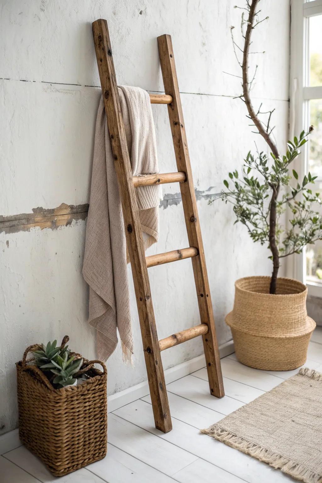 Elevate your bathroom decor with this rustic ladder towel holder, merging farmhouse charm with minimalist elegance.