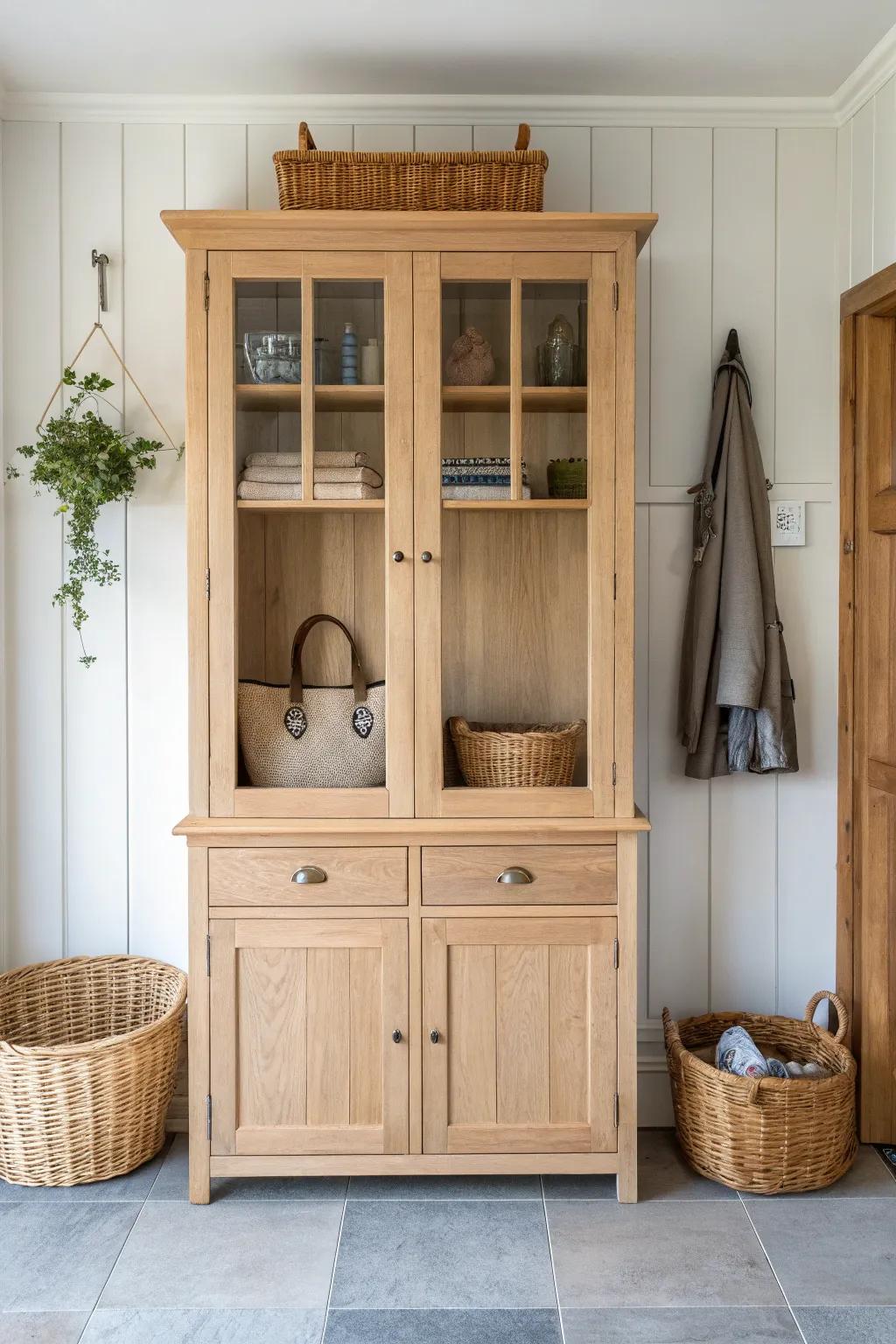 Turn a china cabinet into an entryway drop zone—baskets below, essentials above, chaos gone.