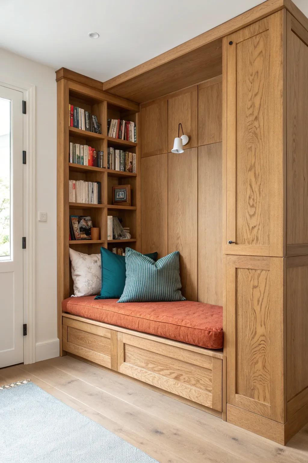 Remove the doors, add warm wood and a bold cushion—instant cozy reading nook.