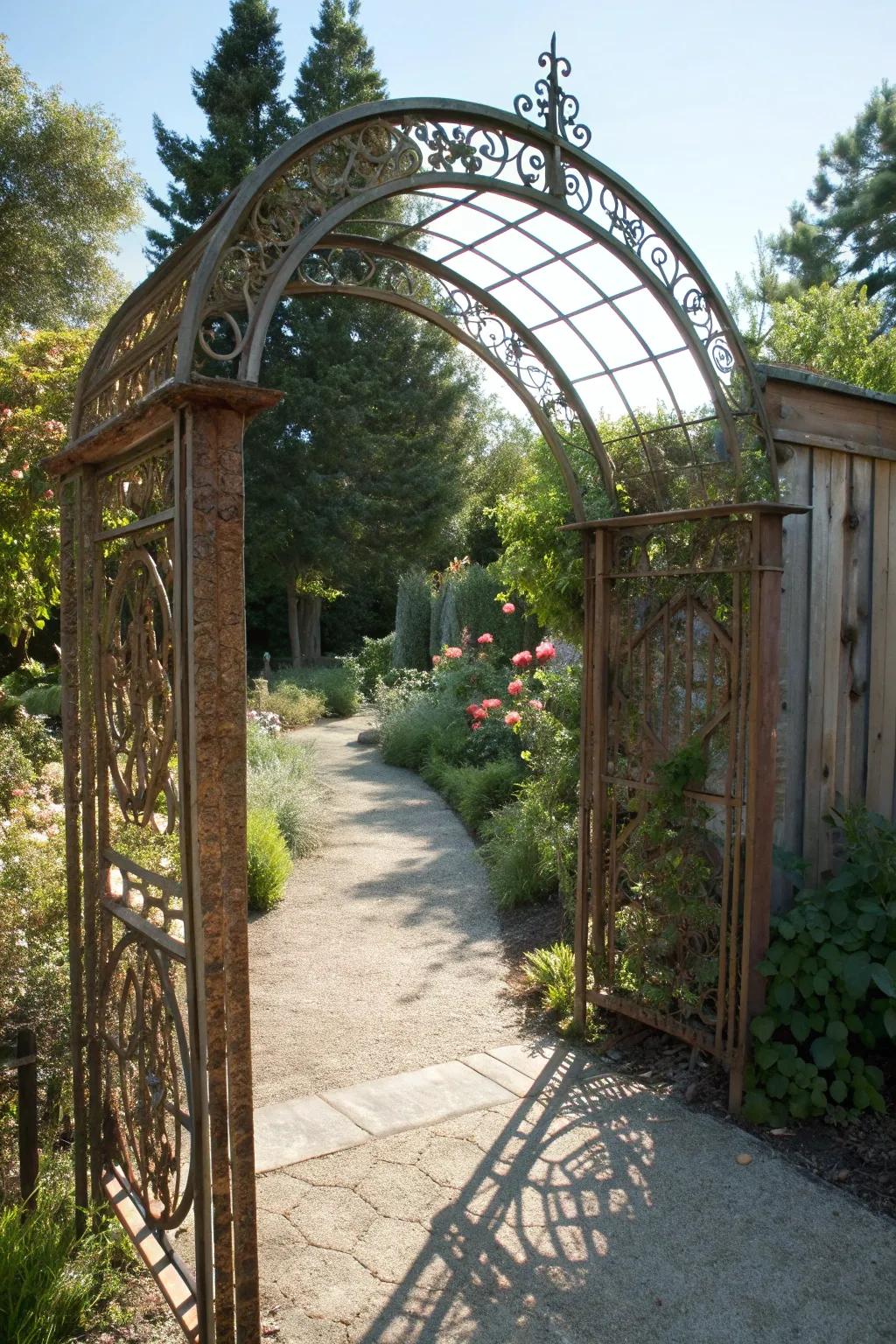 Transform your garden's entrance with a stunning archway crafted from an old pool frame, where elegance meets craftsmanship.