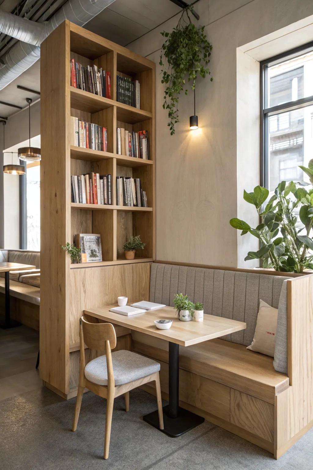 A bookcase-back booth that turns seating into decor—oak craftsmanship with a bold pop of color.