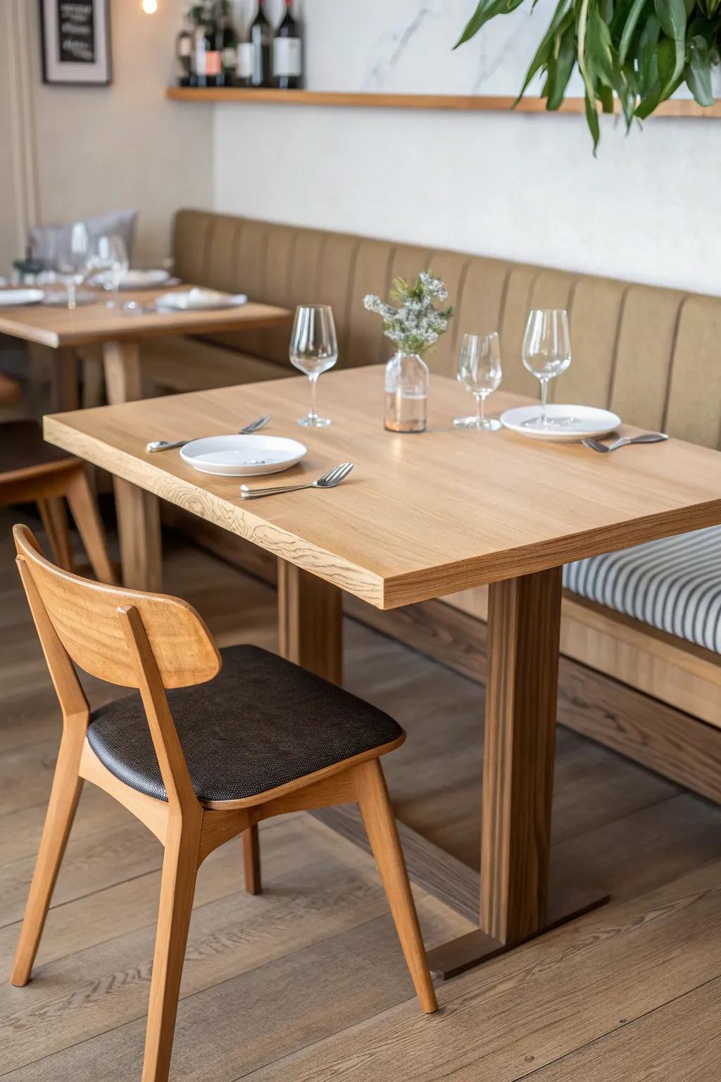 A four-top becomes a six-top—sleek hidden leaf expansion with handcrafted oak warmth.