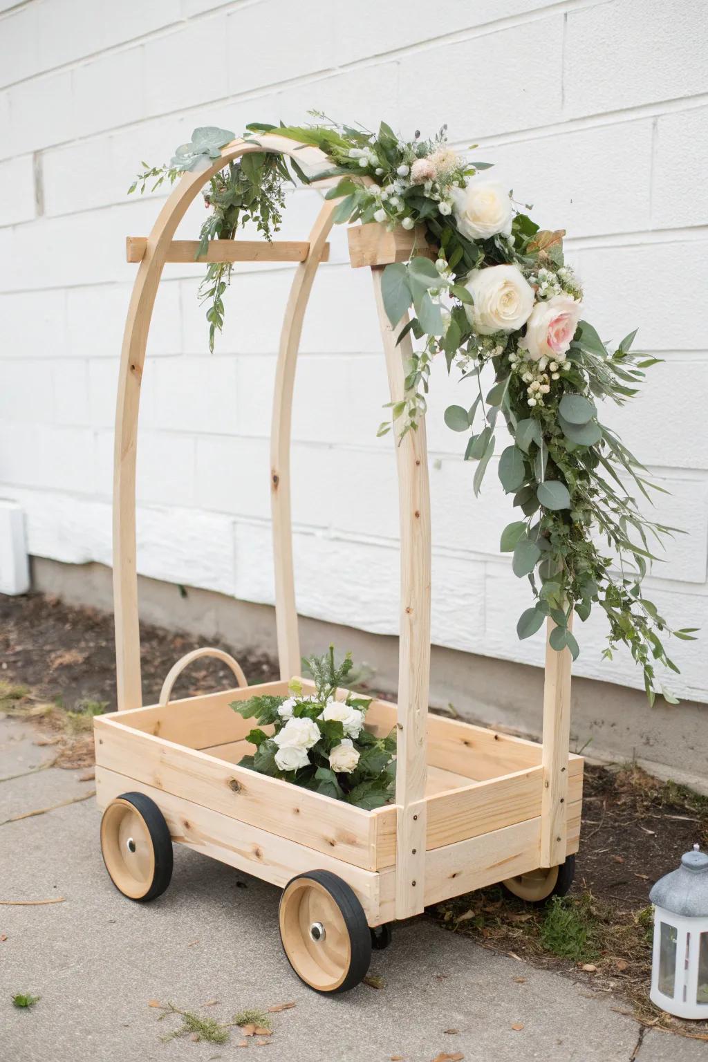 Mini pergola ring bearer wagon with a floral arch—Scandi simple, boho romantic, show-stopping.