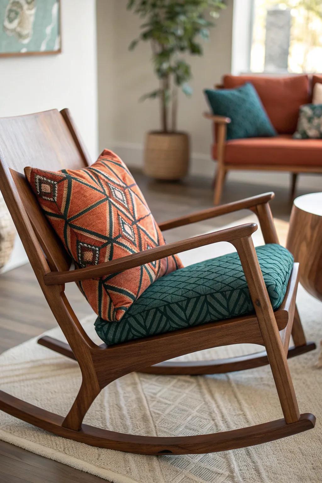 Two mismatched rockers, one palette—match pillows and wood tones for a curated living room.
