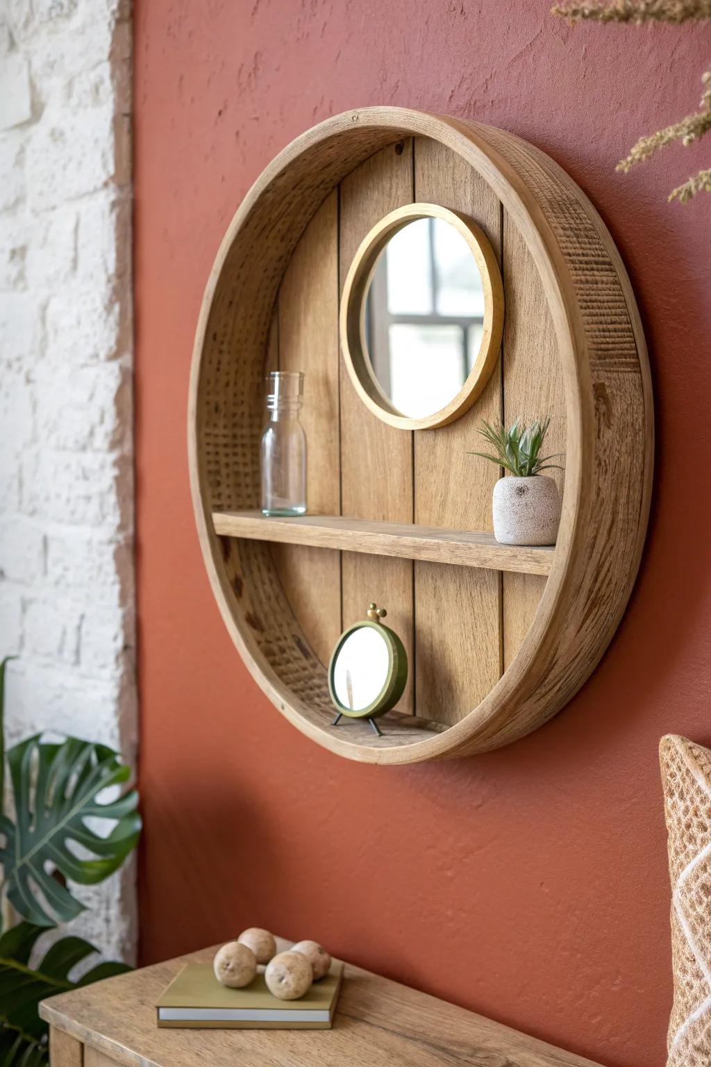 Mini mirror in a round oak shelf to bounce light and make the circle feel deeper—so simple.
