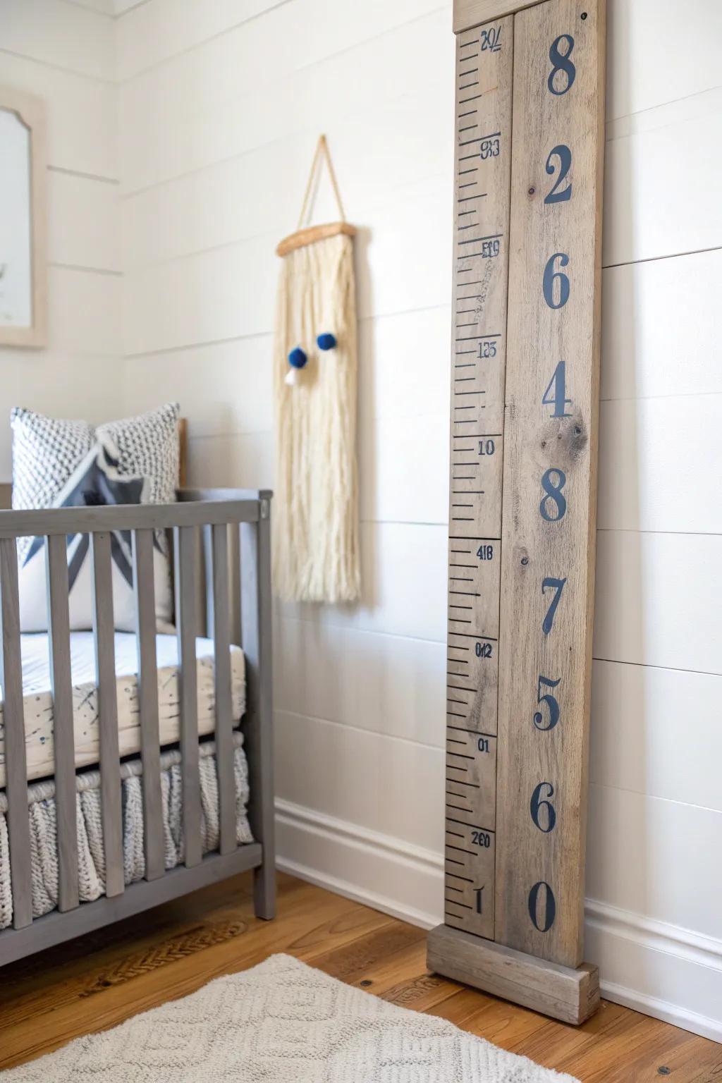 Weathered wood growth chart with burned-in marks—rustic keepsake for a baby boy nursery.