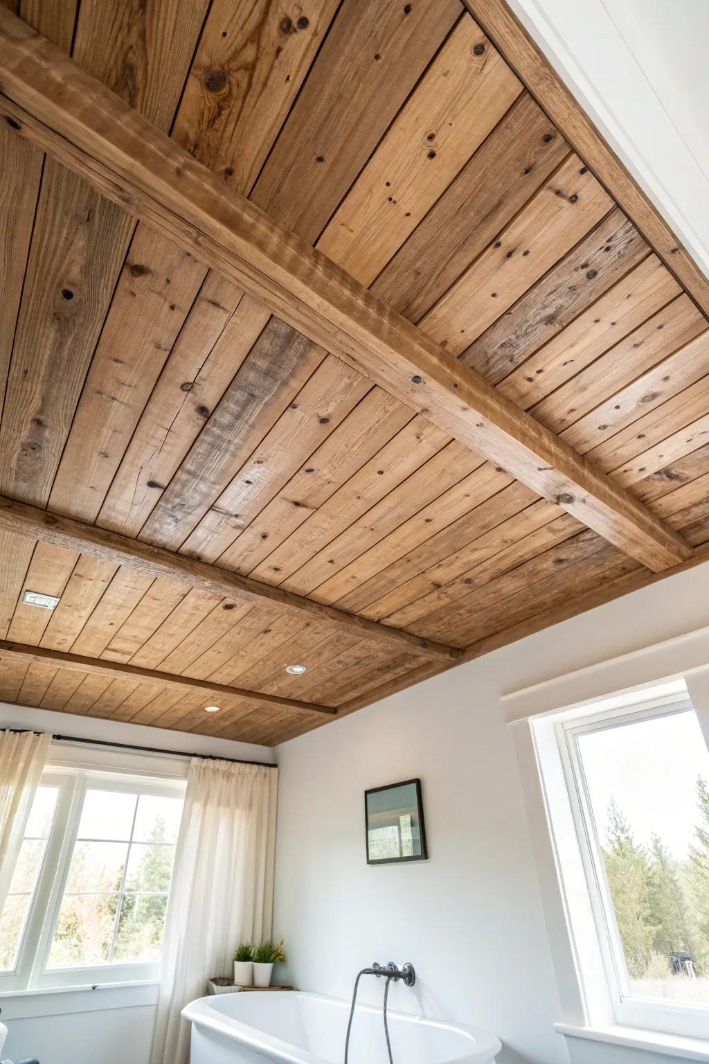 Rustic ceiling planks add cabin-cozy warmth—sealed satin for bathroom-safe charm.