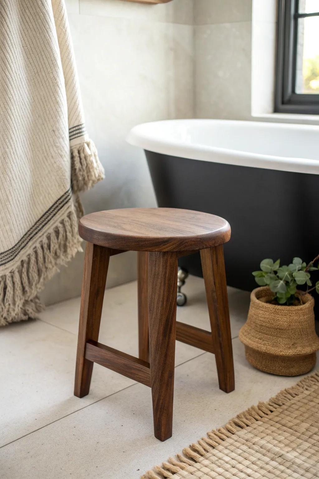 Dark-stained wood stool + matte black tub details for a rustic yet razor-sharp soak.
