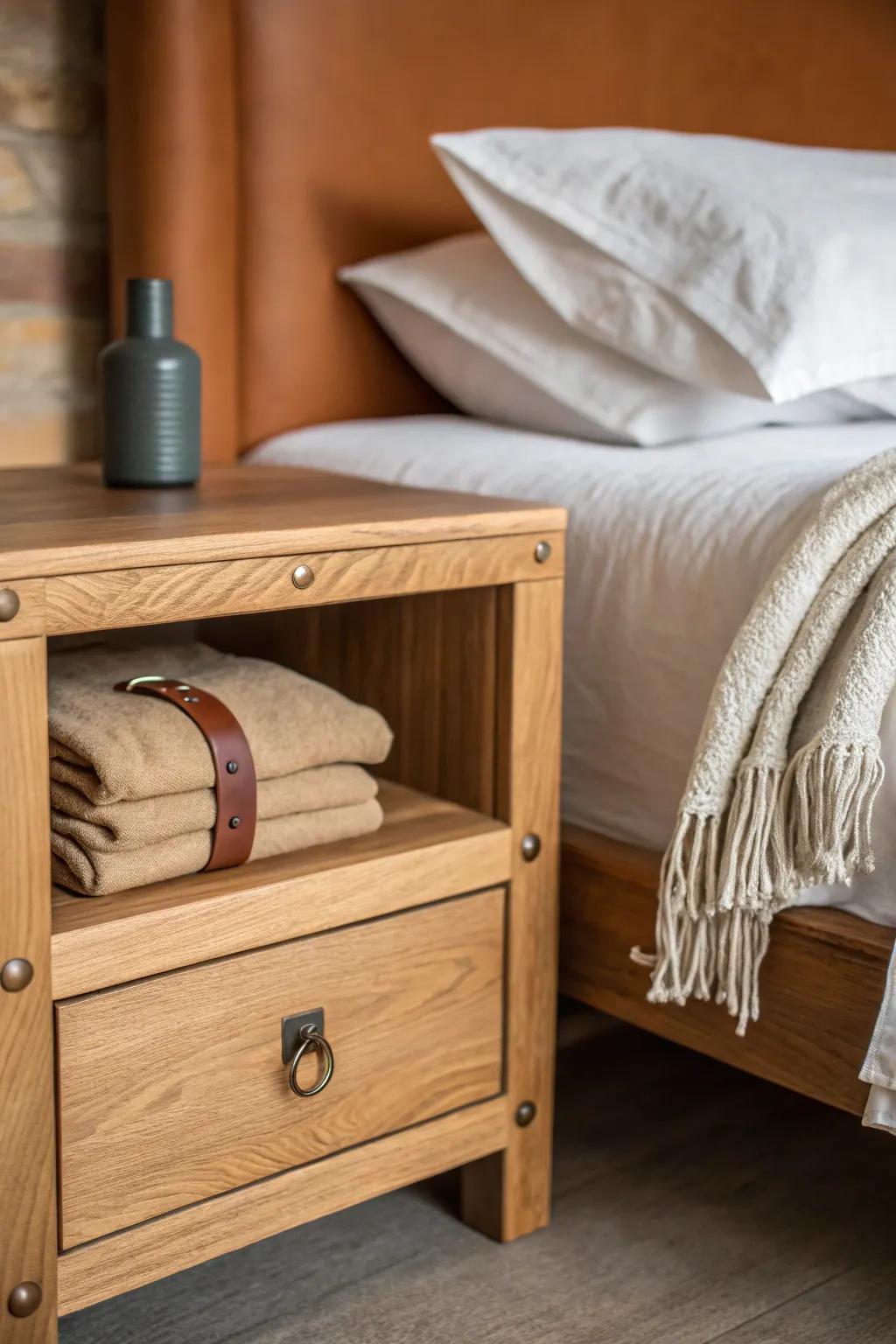 Cognac leather pull + creamy canvas on a reclaimed wood nightstand for cozy, grown‑up contrast.
