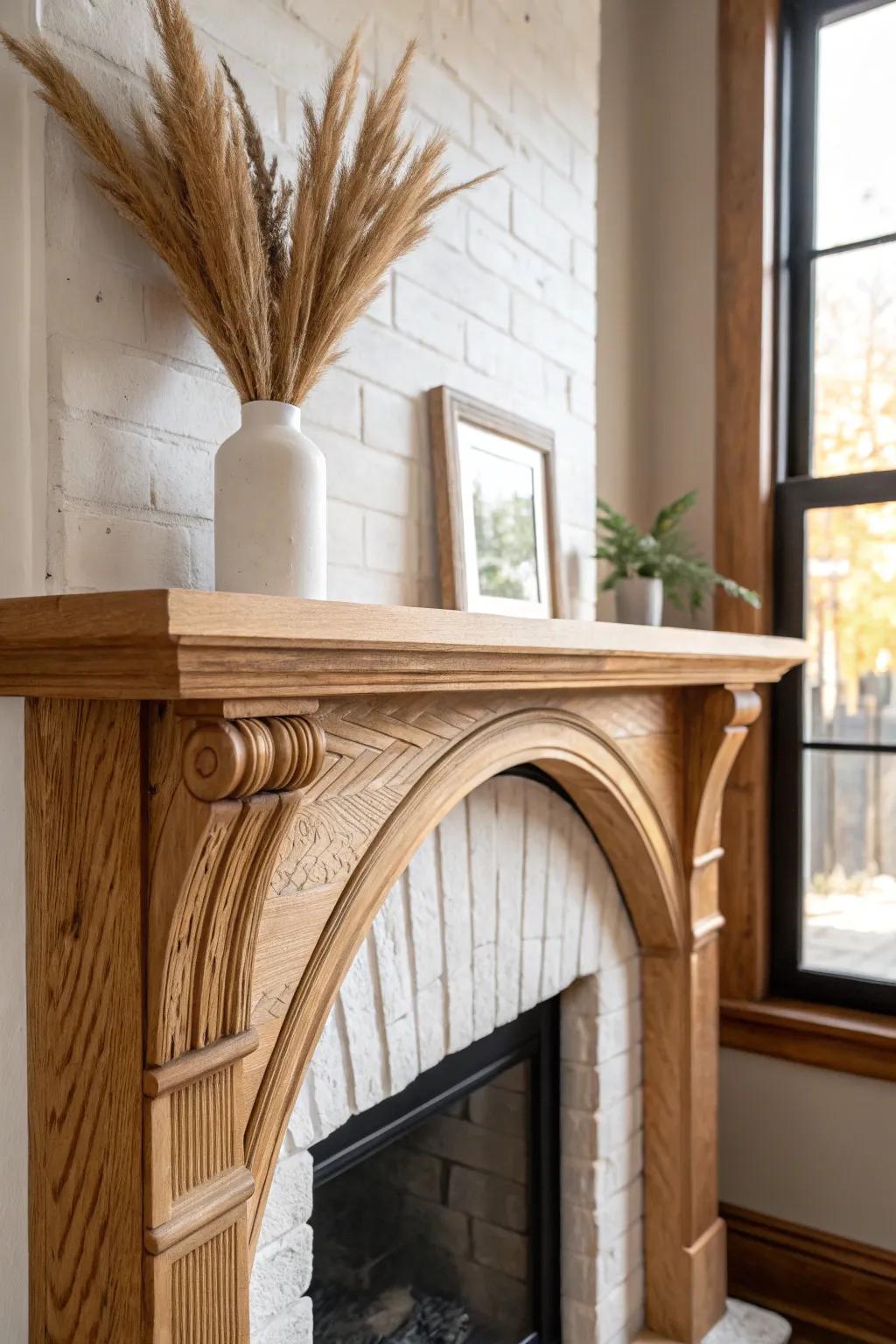 An arched wood mantel softens a corner fireplace for effortless vintage cottage charm.