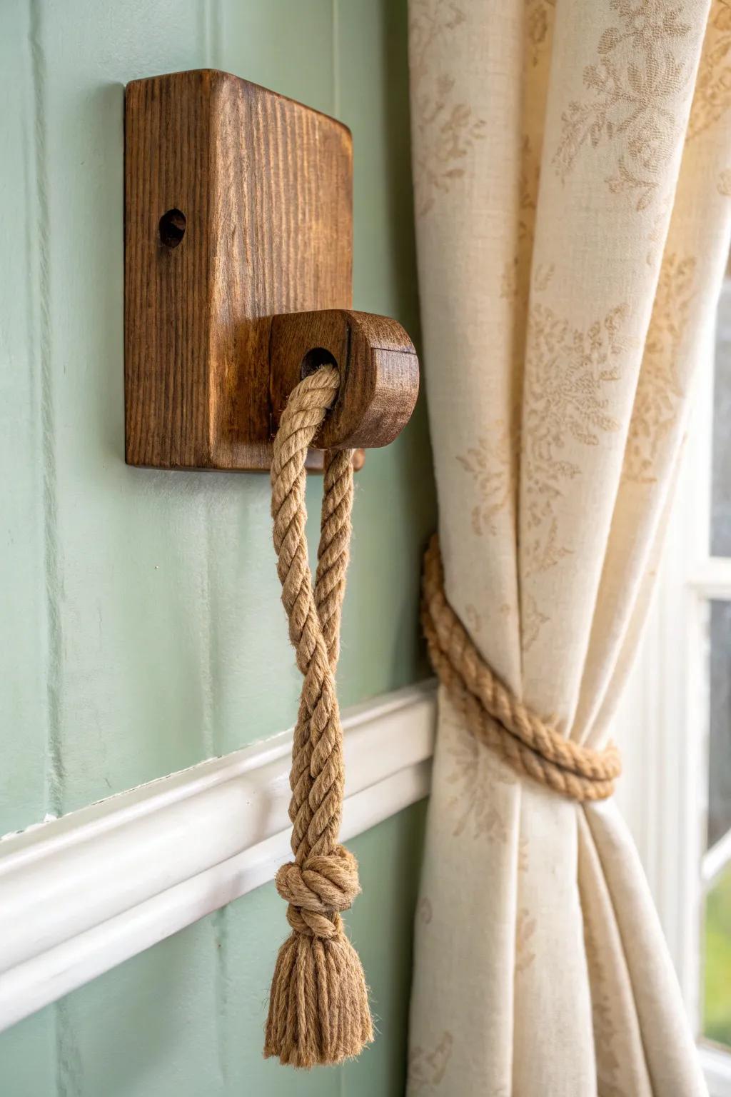 Chunky reclaimed-wood mini corbel tie back with a simple rope loop—rustic, bold, and clean.