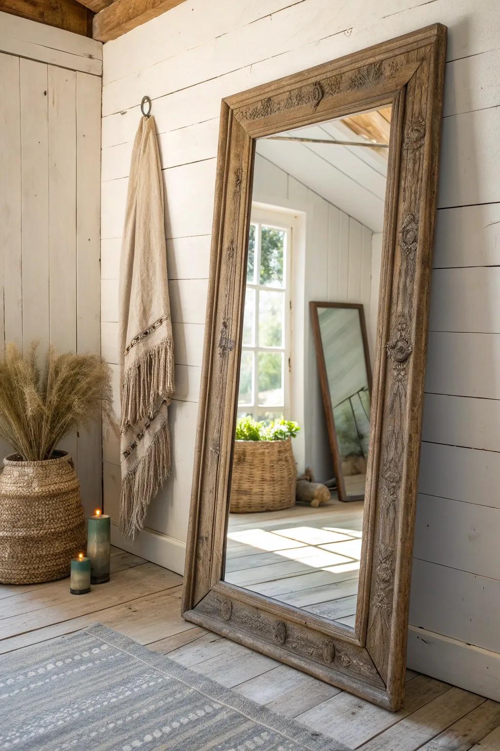 Antique mirror glow—rough-sawn wood frame adds rustic texture while brightening a dark den.