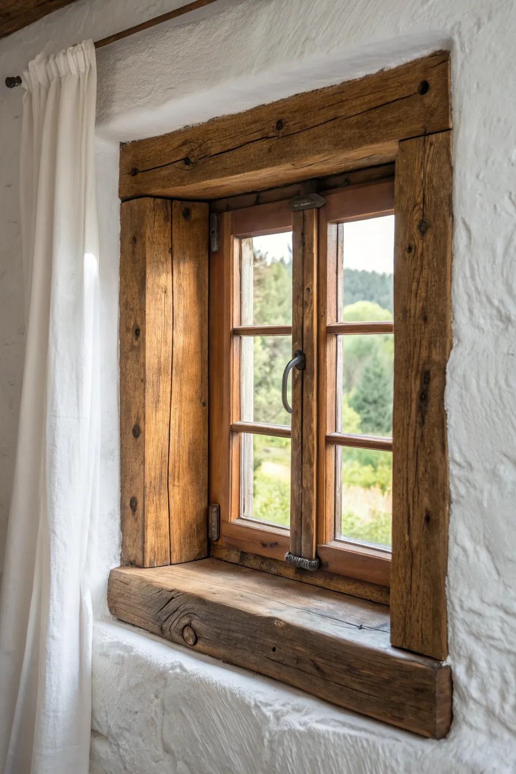 Chunky reclaimed-wood trim adds instant cabin craftsmanship—bold contrast, minimal effort.