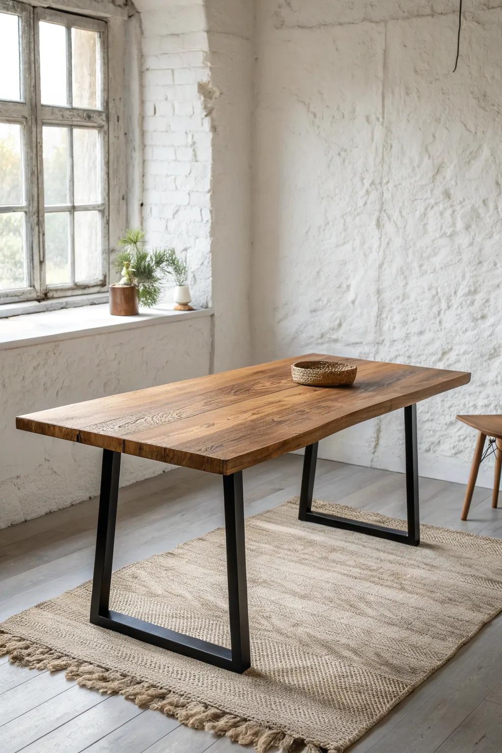 Warm stained wood meets matte black accents—an easy two-tone trick for rustic dining rooms.