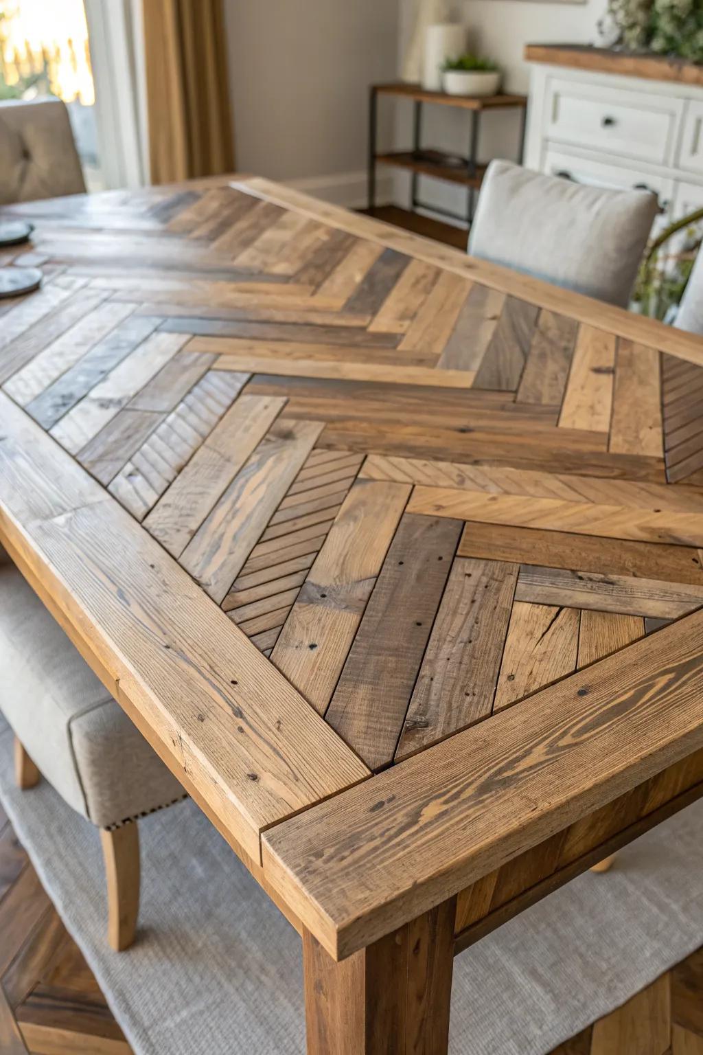 Rustic herringbone inlay tabletop—reclaimed strips, bold grain contrast, instant centerpiece.