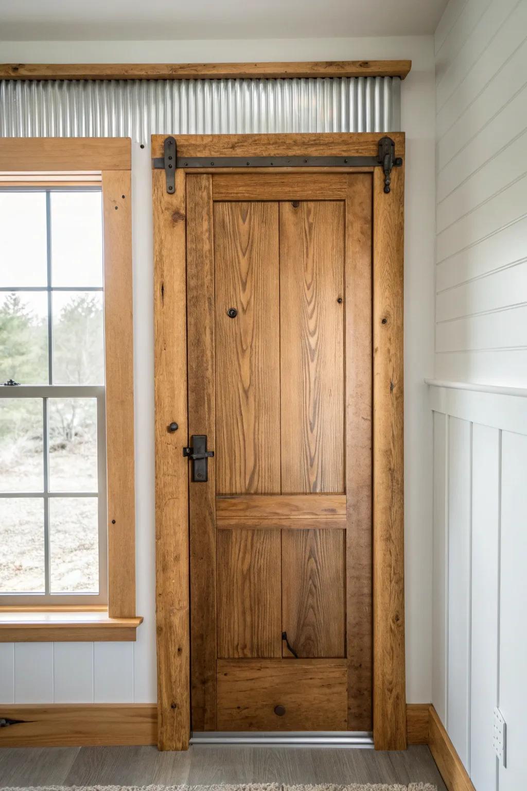 Rustic door trim with reclaimed tin header inlay—subtle sparkle, big wow, all salvaged charm.