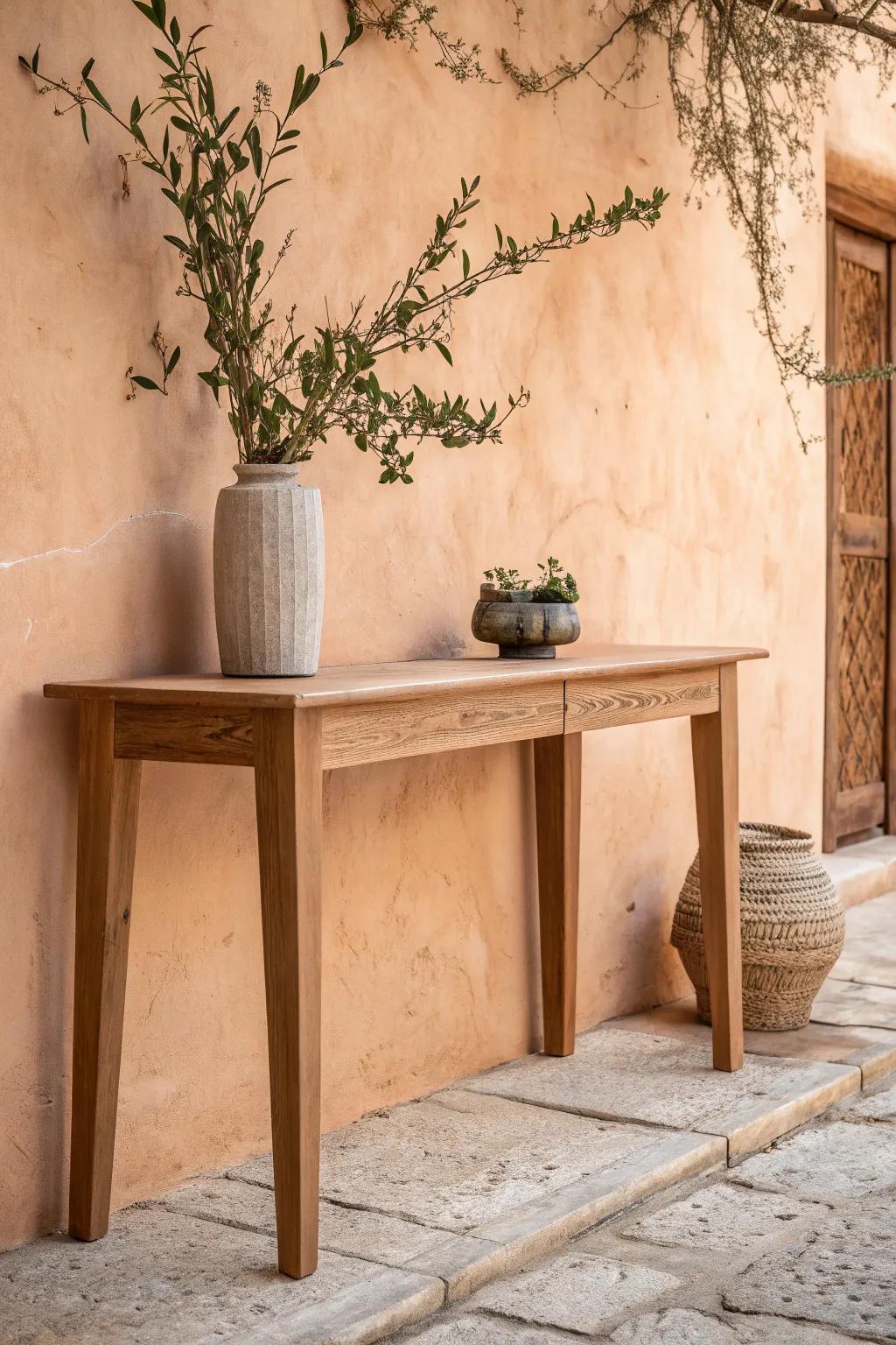Clay-plaster texture + warm oak console: an instant earthy upgrade behind the sofa.