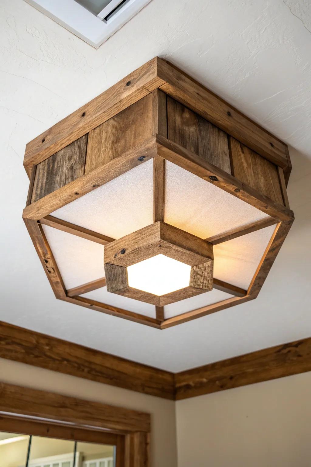 Geometric pallet-block flush mount: reclaimed wood texture with a soft, modern glow.