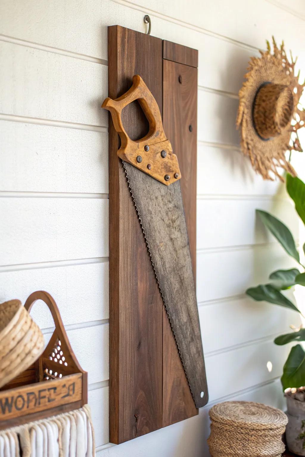 Turn vintage hand tools into striking wall art—warm patina, rich wood, and rustic charm.