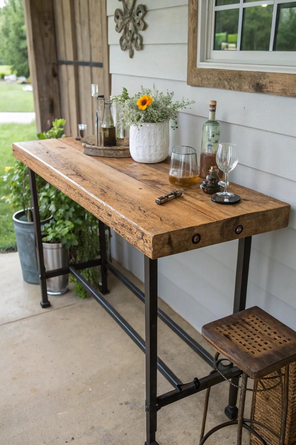 Rustic resin bar top with embedded keys and bolts—smooth, durable, and a total showpiece.