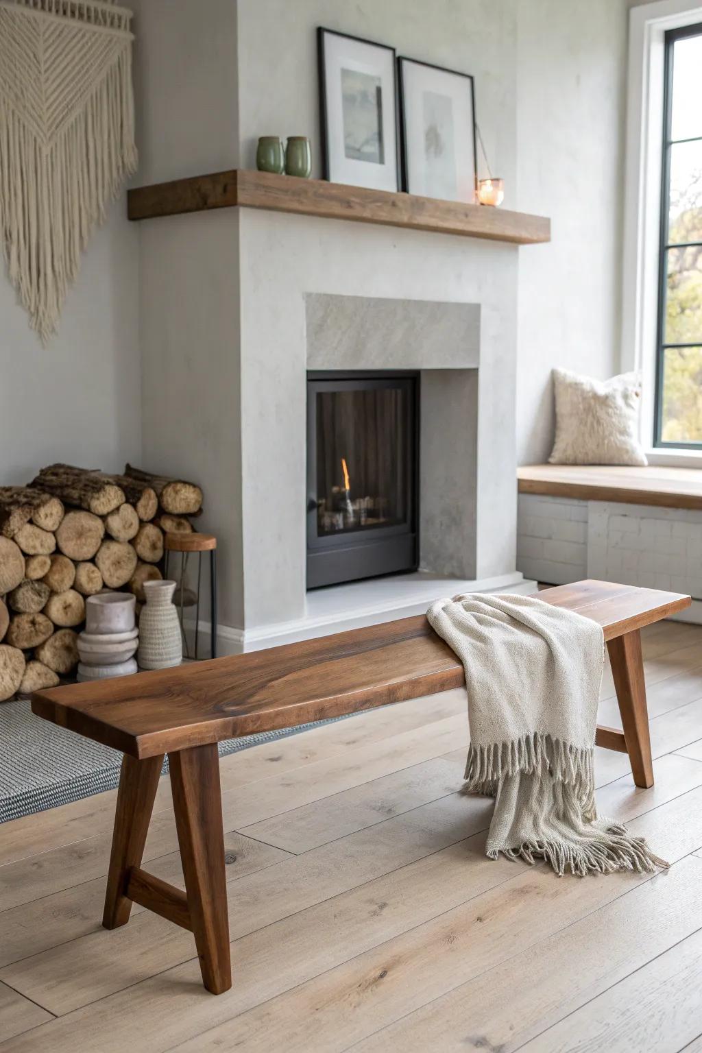 A sculptural brown live-edge bench warms up a cool grey hearth—rustic, refined, and usable.