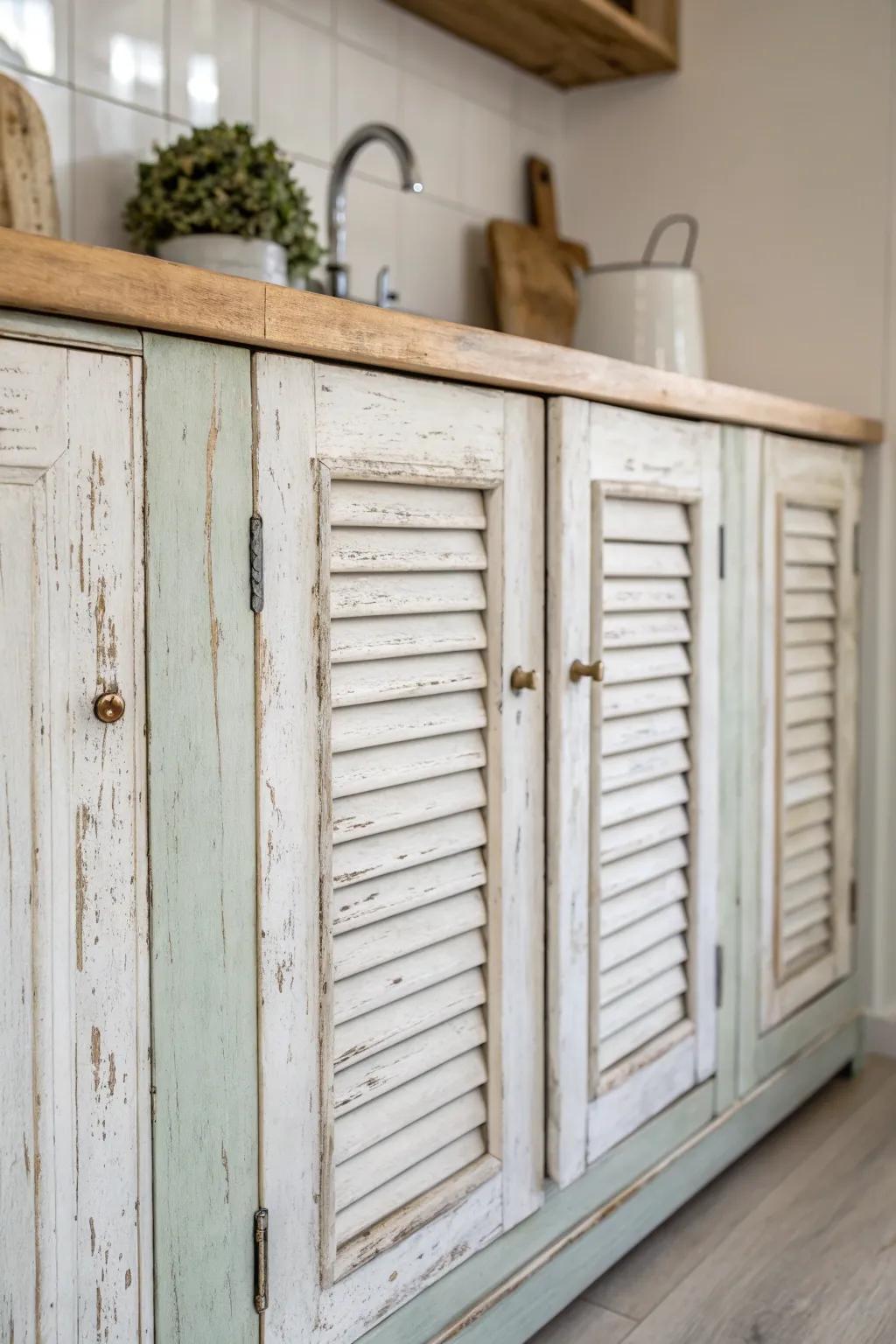 Old wooden shutters as cabinet doors—instant rustic texture with minimal Scandinavian charm.