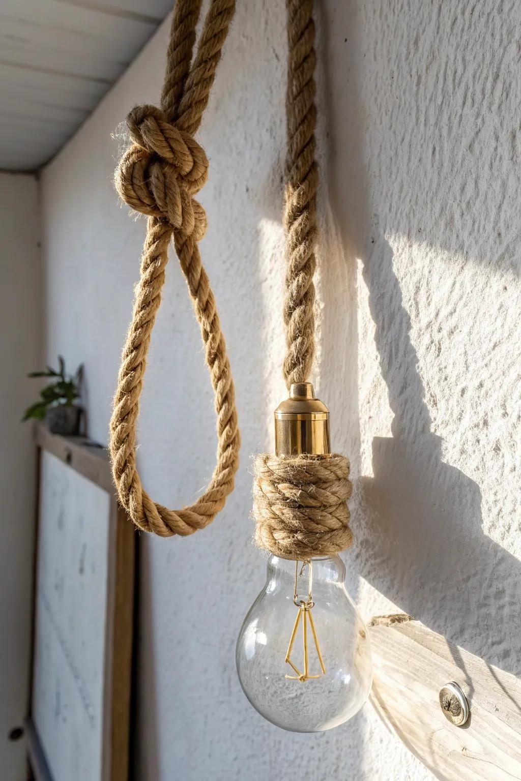 Rope-wrapped pendant cord detail: the simplest swap for instant rustic, handcrafted warmth.