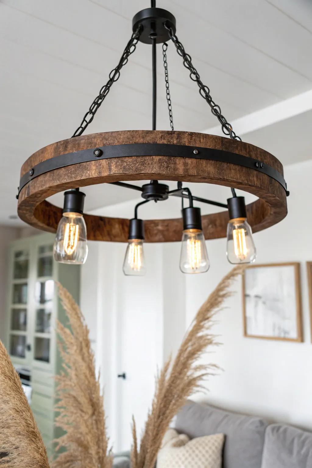 Reclaimed whiskey barrel hoop chandelier—aged patina, warm Edison glow, rustic minimal charm.