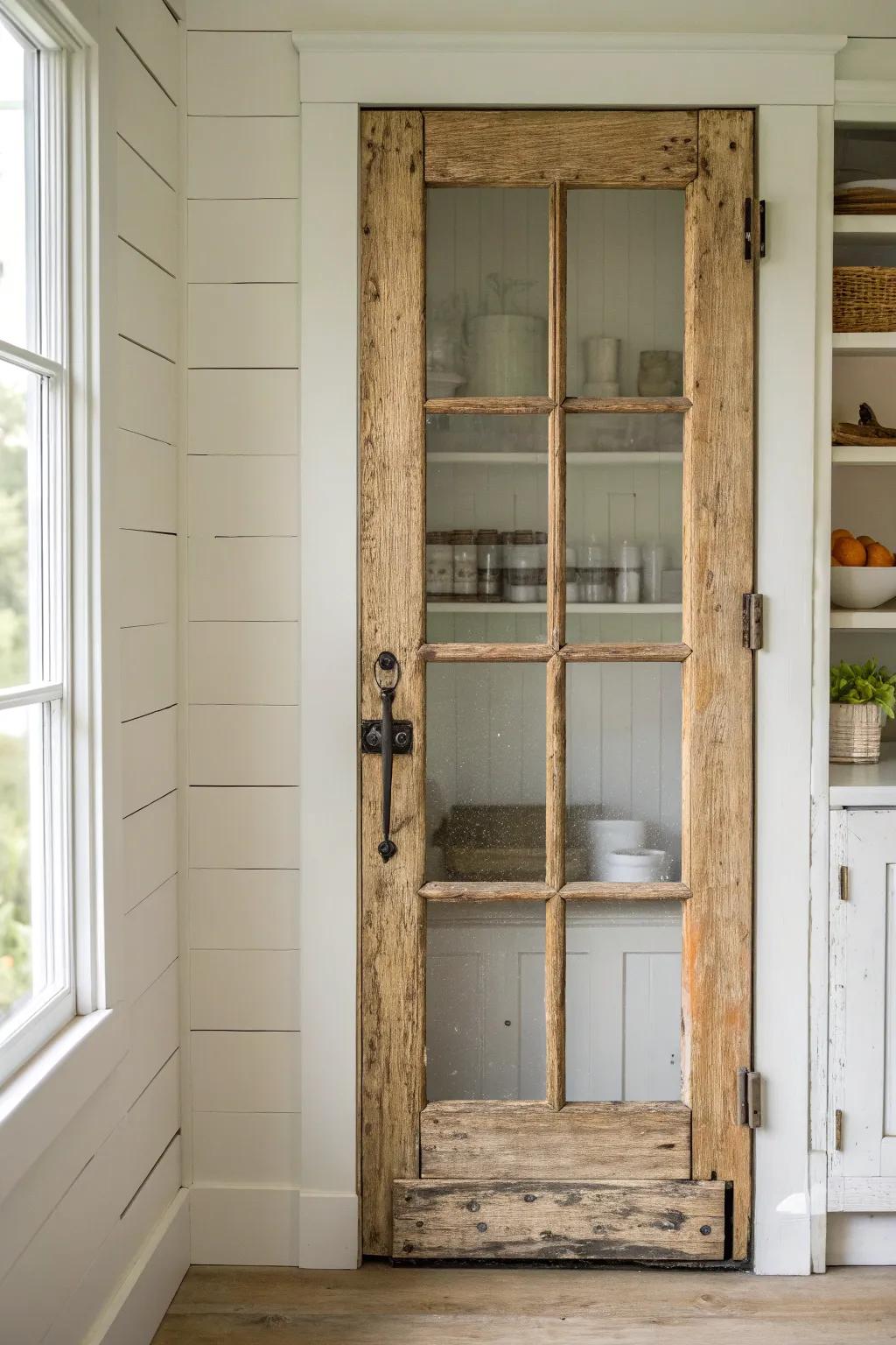 A salvaged window pantry door that adds rustic charm and a dreamy peek at tidy shelves.